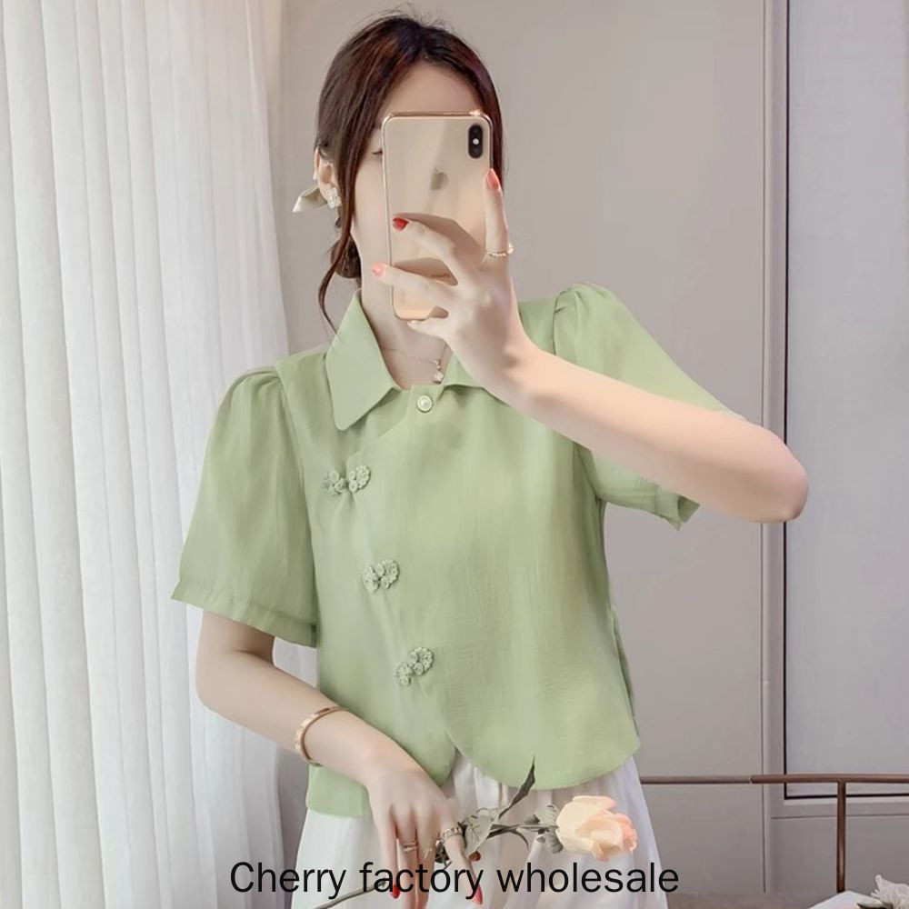สไตล์ใหม่แฟชั่นผู้หญิงสไตล์จีนย้อนยุคติดกระดุมเสื้อชีฟองแขนสั้นสีเขียวสีชมพูเสื้อผ้าด้านบนสุภาพสตรีส่วนลดโปรโมชั่น