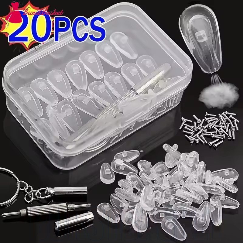ชุดซ่อมแว่นตาสแตนเลส | แผ่นรองจมูกป้องกันสนิม 20 ชิ้น + ไขควงและสกรูสากล, เคสออแกไนเซอร์ที่เป็นมิตรกับการเดินทางที่โปร่งใส