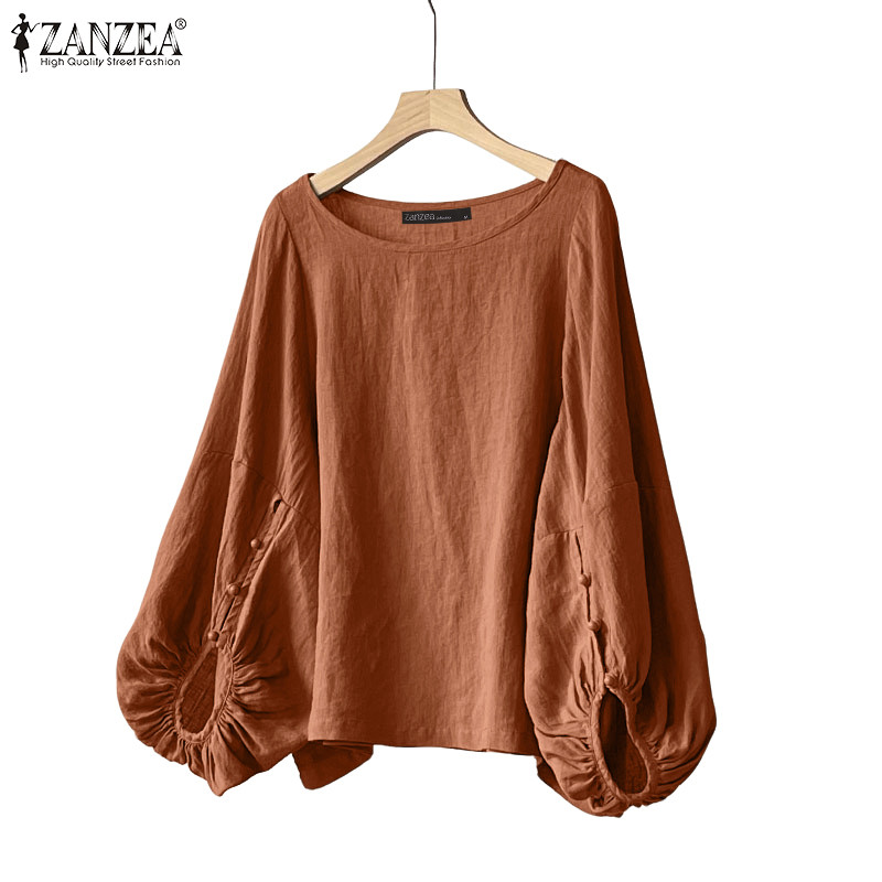 ZANZEA เสื้อเบลาส์แขนยาวคอ O แบบสบาย ๆ วันหยุดของผู้หญิง
