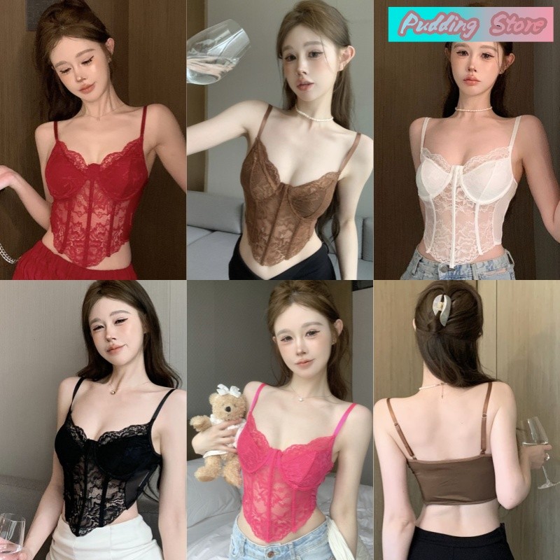 Pudding Store~พร้อมส่ง' เสื้อสายเดี่ยว ไม่มีฟองน้ำ สายปรับได้ ลูกไม้เซ็กซี่-FY900