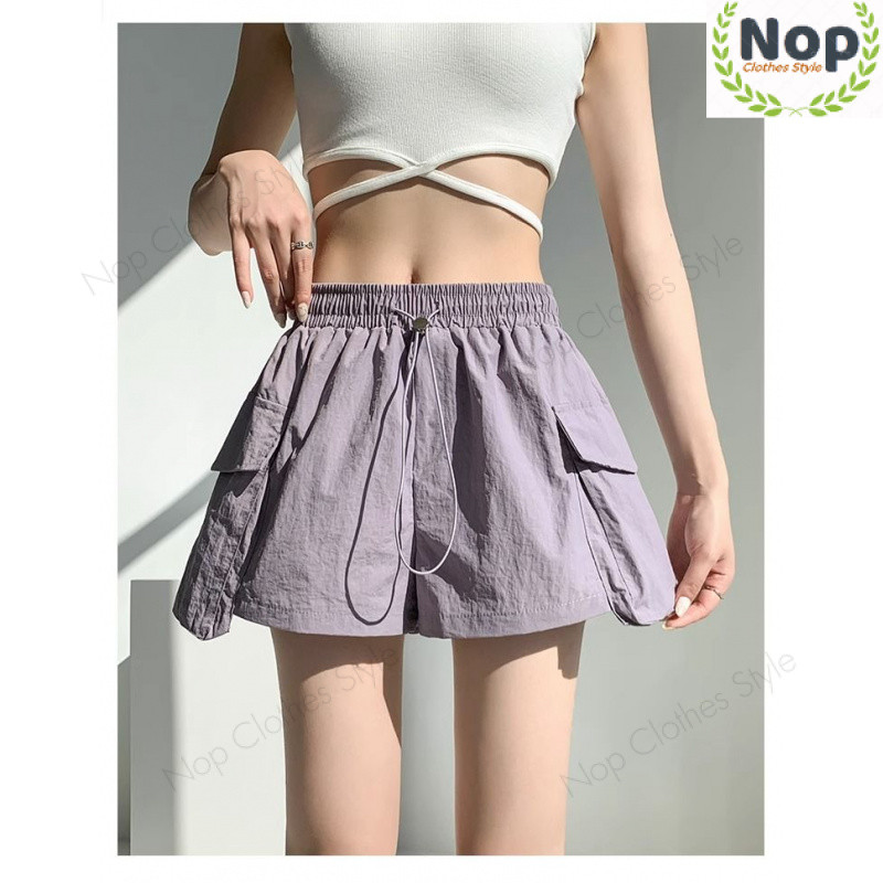 Nop | โนป | ฤดูร้อนเกาหลีStreetwear Minimalist Cargoกางเกงขาสั้น-ขนาดใหญ่เอวA-Line Silhouetteกว้าง-ขา, Urban Travel Casual Fifthกางเกงขาสั้น