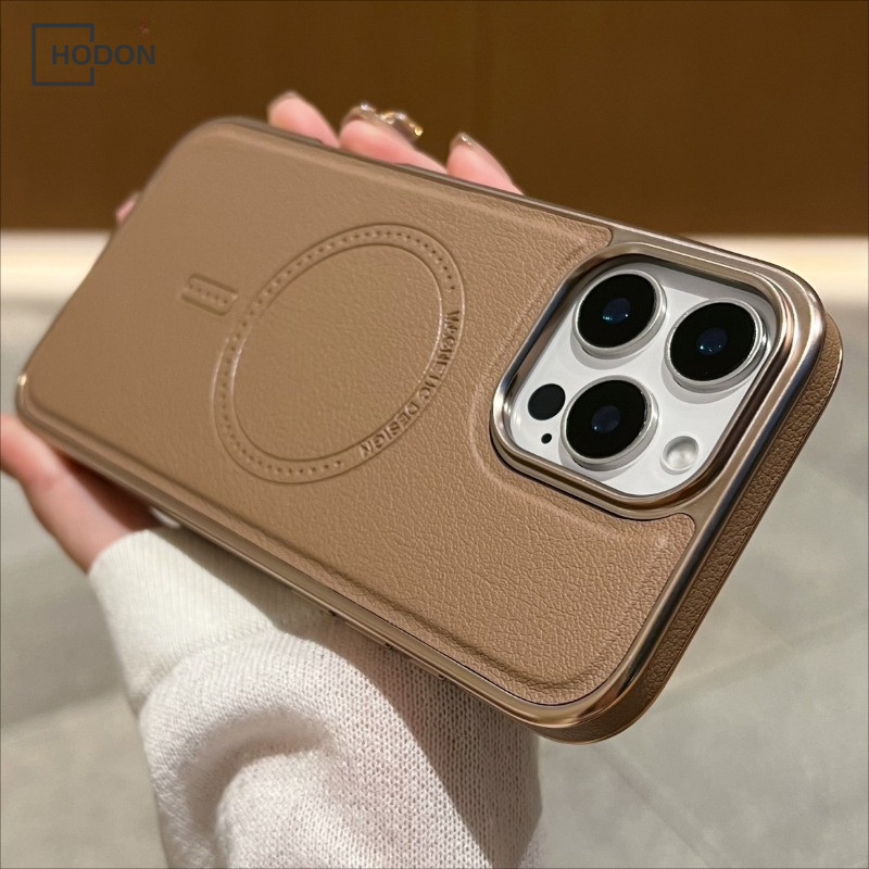 Hodon หรูหราชุบหนัง PU แม่เหล็กชาร์จไร้สายเคสโทรศัพท์สําหรับ IPhone 16 15 14 13 Pro Max Hard ขนาดใหญ่รูกันกระแทก