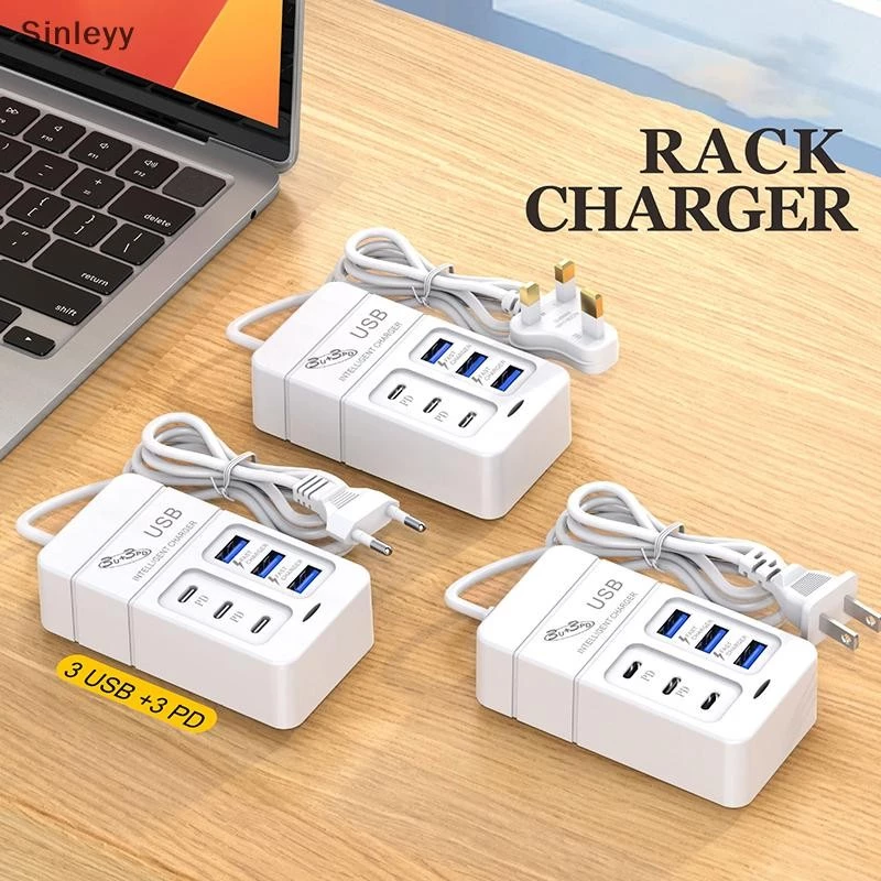 Nle 1PC US Plug 6 พอร์ต Multiport USB Charger 35W PD Type-C โทรศัพท์มือถือ Fast Charge Wall Chargers TypeC USB Hub อะแดปเตอร์ N