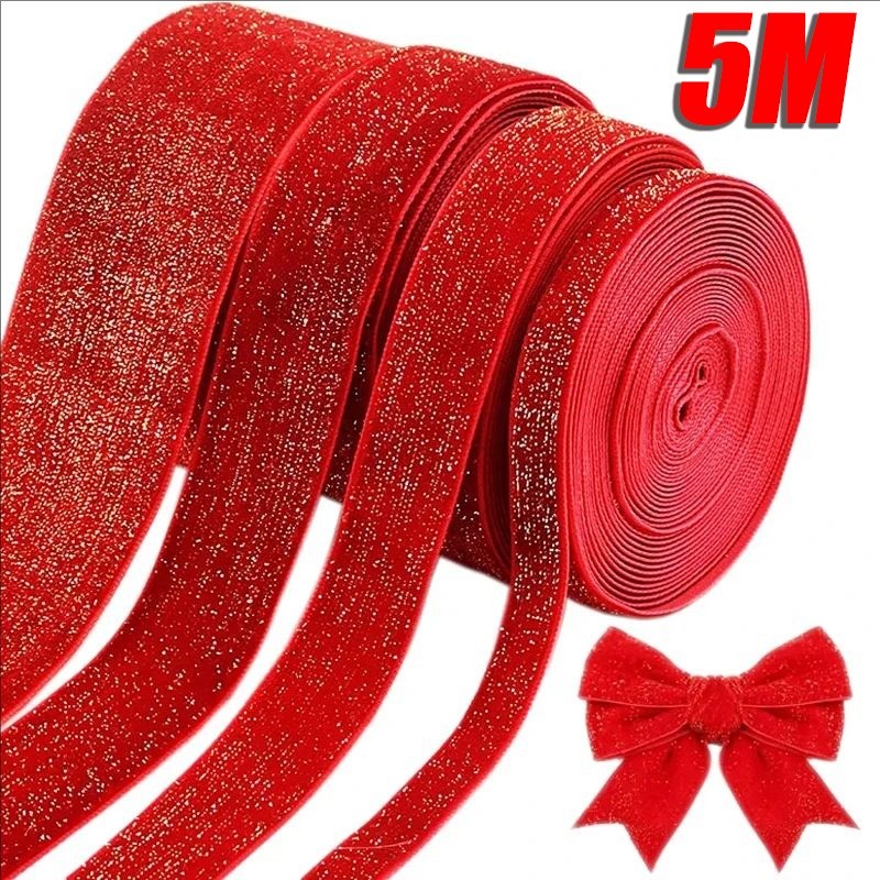 5เมตร/ม้วนคริสต์มาสแววกํามะหยี่สีแดงริบบิ้นตกแต่งปีใหม่ ทําเอง ชิมเมอร์กํามะหยี่ริบบิ้นสําหรับห่อของขวัญพวงมาลัยเสื้อผ้าโบว์