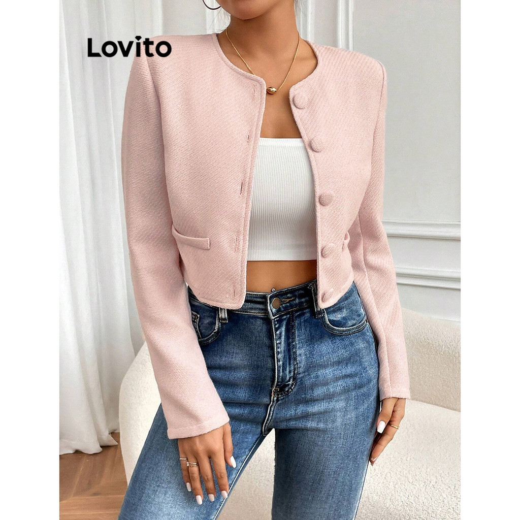 Lovito เสื้อแจ็กเก็ตผู้หญิง แบบชาแนล ผ้าแจ็กการ์ด สีพื้น สไตล์หรูหรา LBL10039