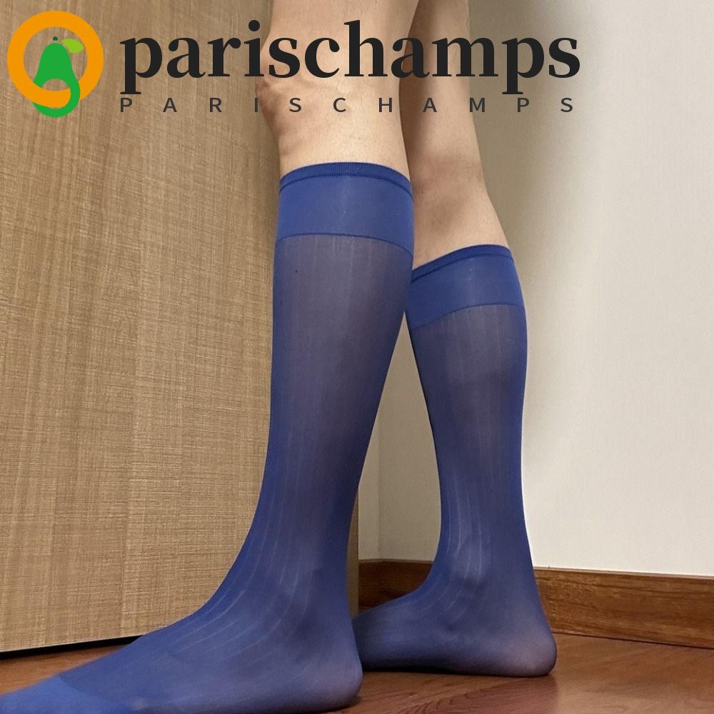 Parischamps โปร่งแสงผู้ชายบางชุดถุงเท้าหลอดบางเชียร์สีทึบธุรกิจถุงน่องกลางหลอดร้านขายชุดชั้นในถุงเท้าผ้าไหมลายกว้าง