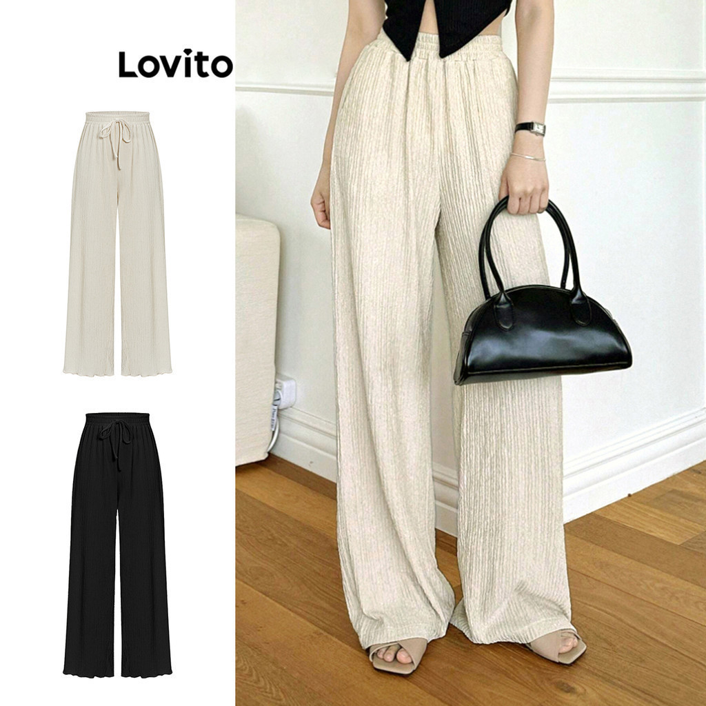 Lovito กางเกงลำลอง สีพื้น แต่งโบ สำหรับสตรี L58AD078 (หลากสี)