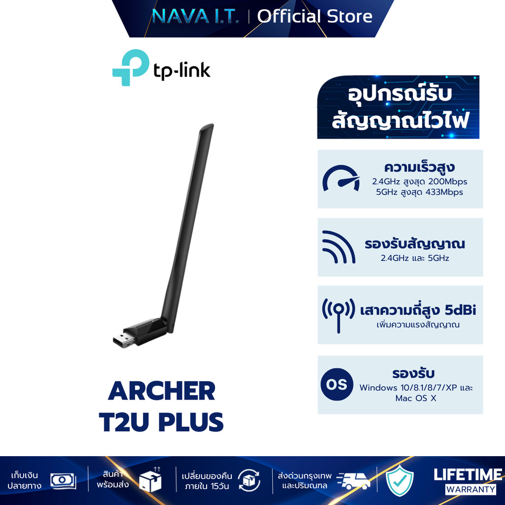 TP-LINK ARCHER T2U PLUS อุปกรณ์รับสัญญาณ WI-FI AC600 HIGH GAIN WIRELESS DUAL BAND USB