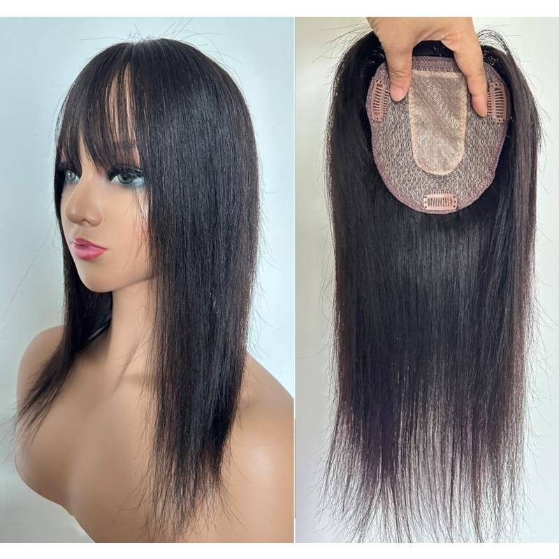 13cmx13cm Cap 100% Real Human Hair Toppers Blunt Bang สําหรับผู้หญิงคลิป in.20 ซม., 30 ซม., 40 ซม.