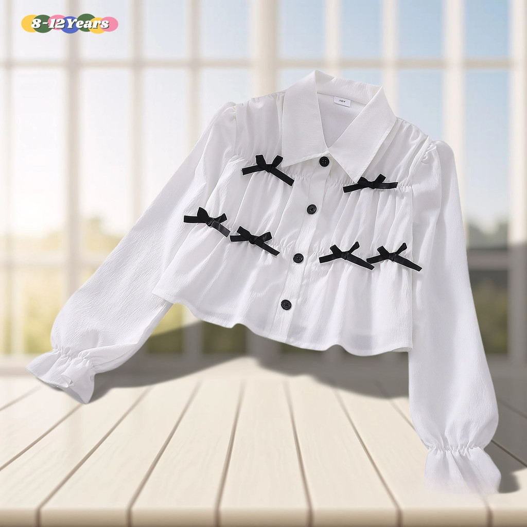 ใหม่สีขาวสาวเสื้อแขนยาวสีขาวปกเสื้อโบว์แฟชั่นสาวเสื้อผ้าคอปุ่มชั้นด้านล่างเสื้อ7 8 9 10 11 12ปี