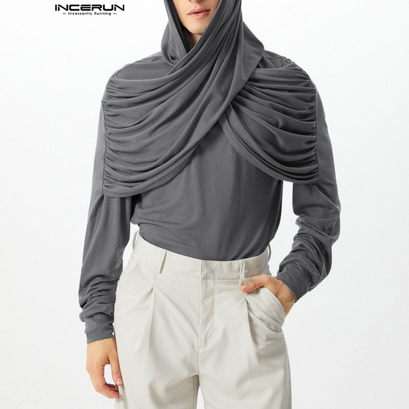 ไม่แน่นอน ผู้ชายวินเทจครอสโอเวอร์ออกแบบจีบคลุมด้วยผ้าเสื้อยืดสีทึบ