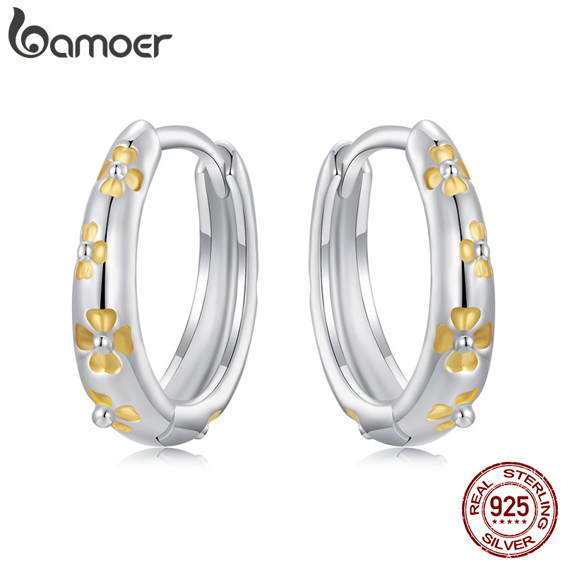 Bamoer 925 เงินสเตอร์ลิง Sliver Hoop ต่างหู Lucky Four Leaf Clover เครื่องประดับของขวัญสําหรับผู้หญิง