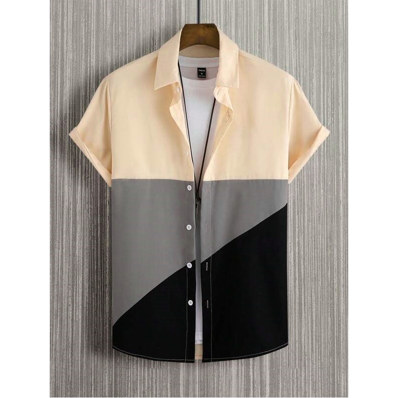 เสื้อเชิ้ตผู้ชายสามสีเย็บปะติดปะต่อกันพิมพ์แขนสั้นแฟชั่นที่เรียบง่ายที่มีคุณภาพสูงด้านบนหลวม โอ เวอร์ไซส์ ผู้ชายเสื้อผ้าเสื้อฮาวาย