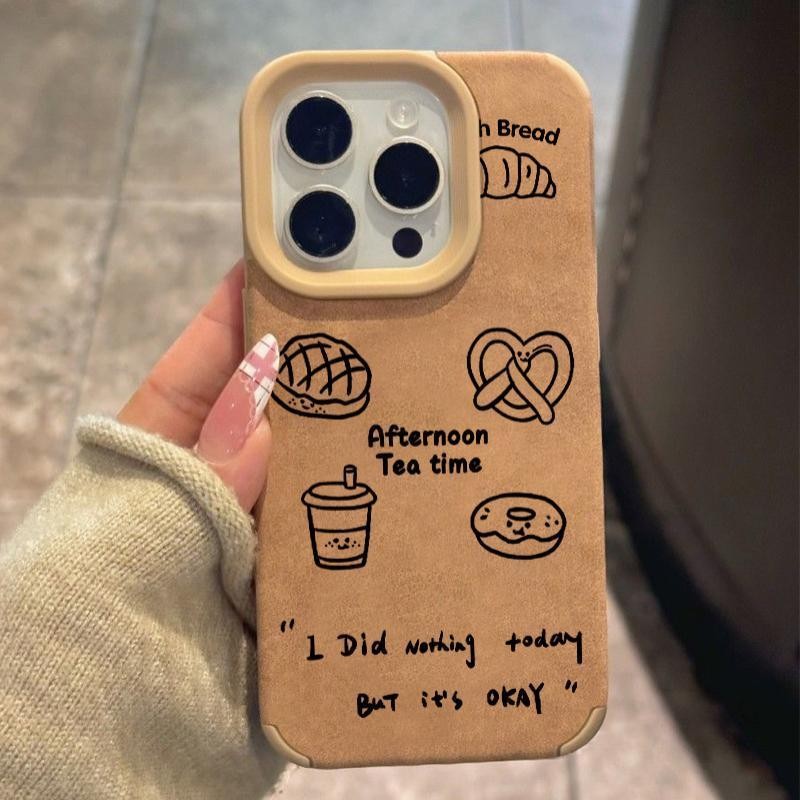 Ins Donut นมชารูปแบบหนังสีน้ําตาลรูปแบบ Anti-Fall เคสโทรศัพท์สําหรับ iPhone 16 Promax 15 Promax 12 13 Mini 14plus 11 Pro Max X XS XR XS Max