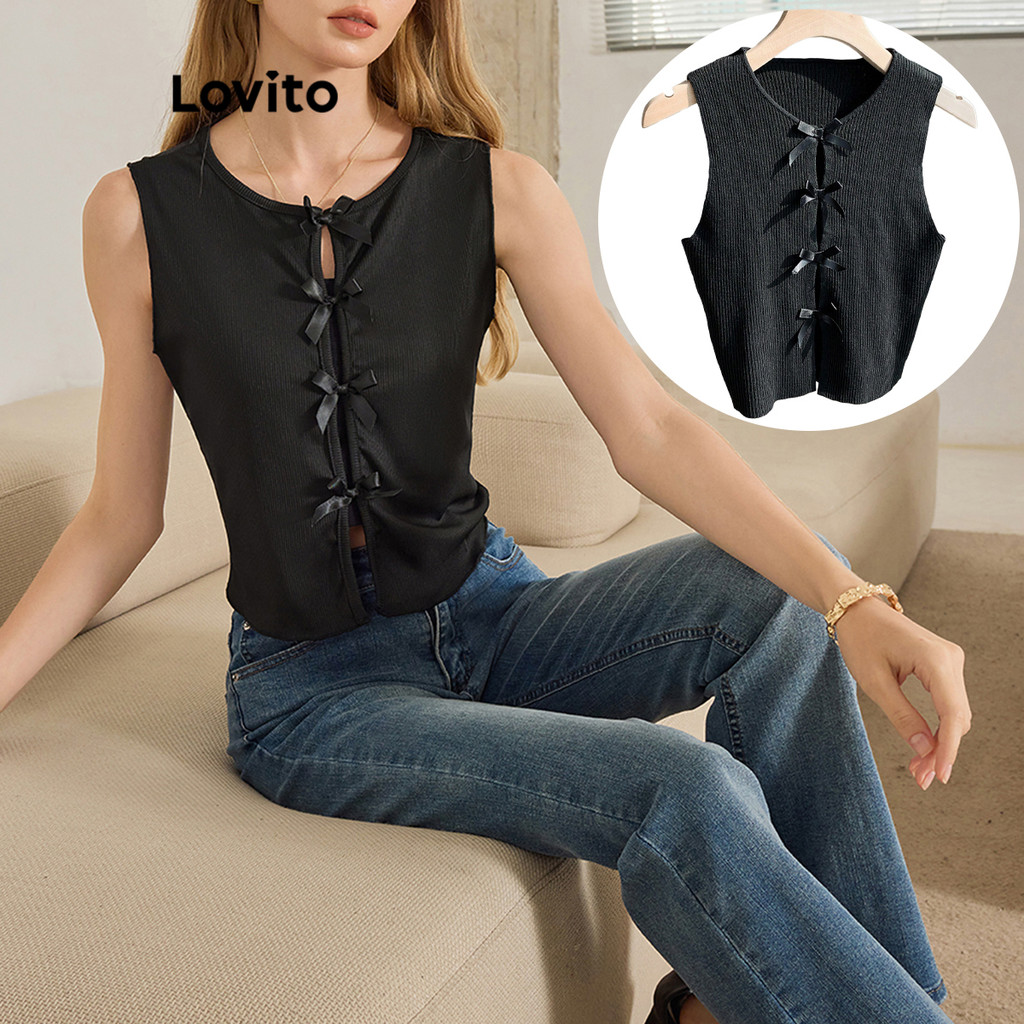 Lovito เสื้อกล้ามผ้าถักริบลายผีเสื้อผูกโบว์ด้านหน้าแบบลำลองสำหรับผู้หญิง L109MD539