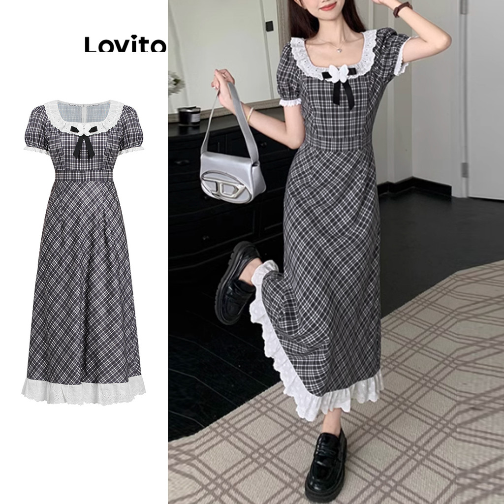 Lovito ชุดเดรสผ้ากิงแฮมระบายพองแบบลำลองสำหรับผู้หญิง LAD106820