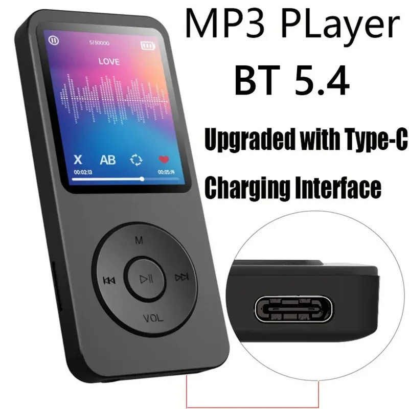 MP3 Player Bluetooth 5.4 Type-C Walkman 1.8 Inch Built-in Speaker Hi-Fi Lossless Music Player Suppor