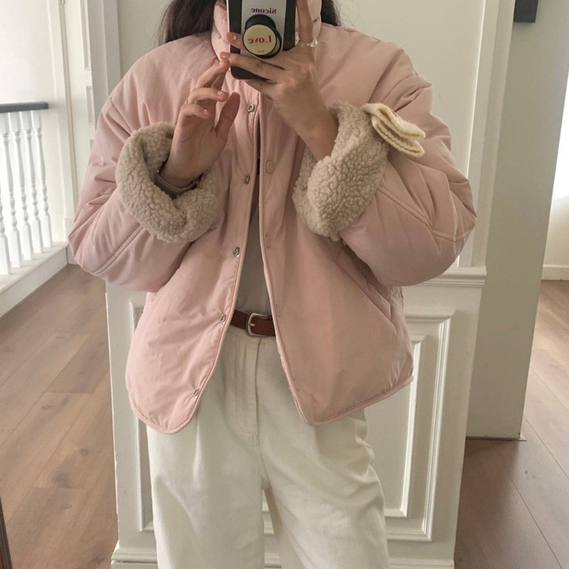 Liasynn (สวมใส่สองด้าน) เกาหลีเก๋ฤดูใบไม้ร่วงฤดูหนาว Niche หนาสองด้าน Lamb เสื้อขนสัตว์เสื้อแจ็คเก็ตสั้นเสื้อแจ็คเก็ตอุ่น