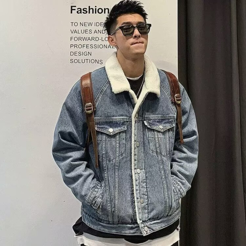 EERSHENSHI เสื้อโค้ทเบาะขนแกะผ้ายีนส์ผู้ชายอเมริกันย้อนยุคแมทช์ง่ายลําลองสไตล์เกาหลีหลวมด้านบน