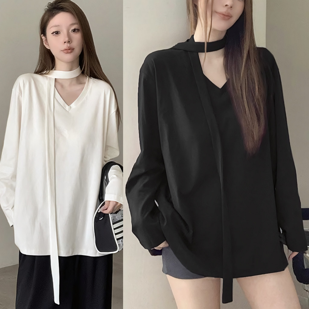 Suysuy พร้อมส่ง เสื้อแขนยาว คอวี ผ้าเรยอน ยืดเยอะมาก มีเชือกผูกคอ สไตล์เกาหลี ผูกได้หลายแบบ แฟชั่นสำหรับผู้หญิง