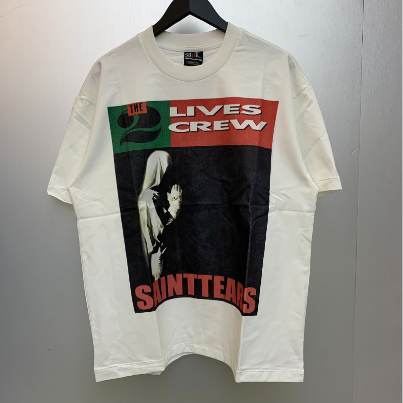热 DENIM TEARS ใหม่ SAINT MICHAEL LIVES CREW เสื้อยืดแขนสั้นสไตล์เรโทร