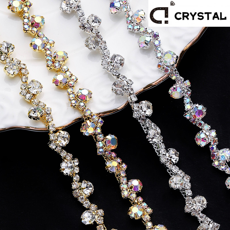 1yard Rhinestone Trim คริสตัลทอง/เงิน Claw คริสตัลเย็บหัตถกรรม DIY ชุดแต่งงานตกแต่ง