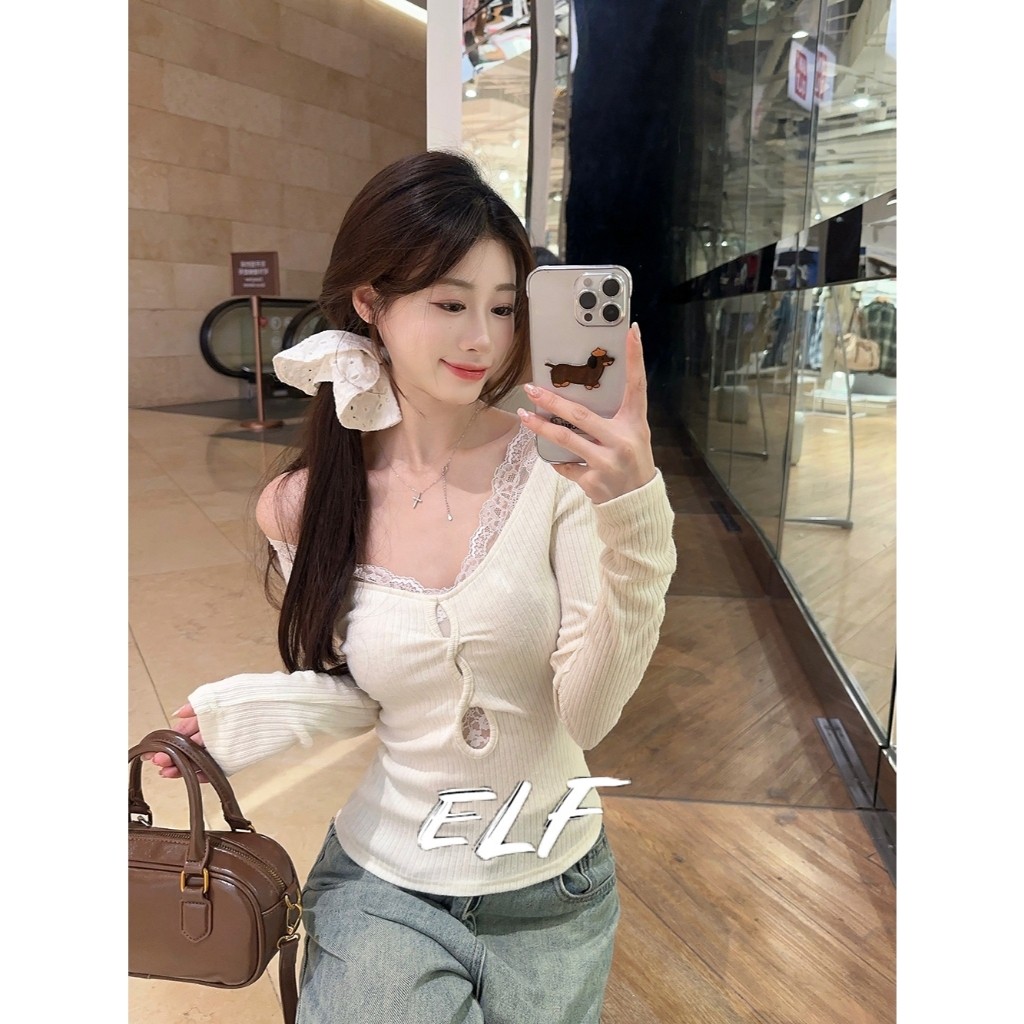ภายในลูกไม้เย็บกลวงแขนยาวผู้หญิงเสื้อยืดเซ็กซี่บางสั้นเสื้อด้านล่างด้านบน