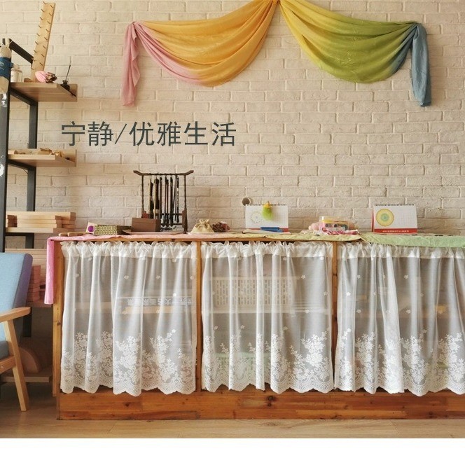 Tulle ผ้าม่านหน้าต่างโมเดิร์นลูกไม้ Jacquard ผ้าม่านหน้าต่าง Valance ลูกไม้ Hem กาแฟผ้าม่านสั้นสําหรับประตูตู้ห้องนอนตกแต่งบ้าน