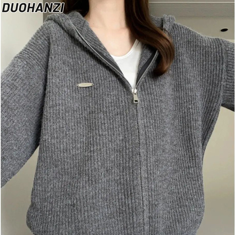 Duohanzi เสื้อกันหนาวผู้หญิง American retro ซิปเสื้อกันหนาวมีฮู้ดเสื้อกันหนาวถักหลวมเสื้อแจ็คเก็ตด้านบน