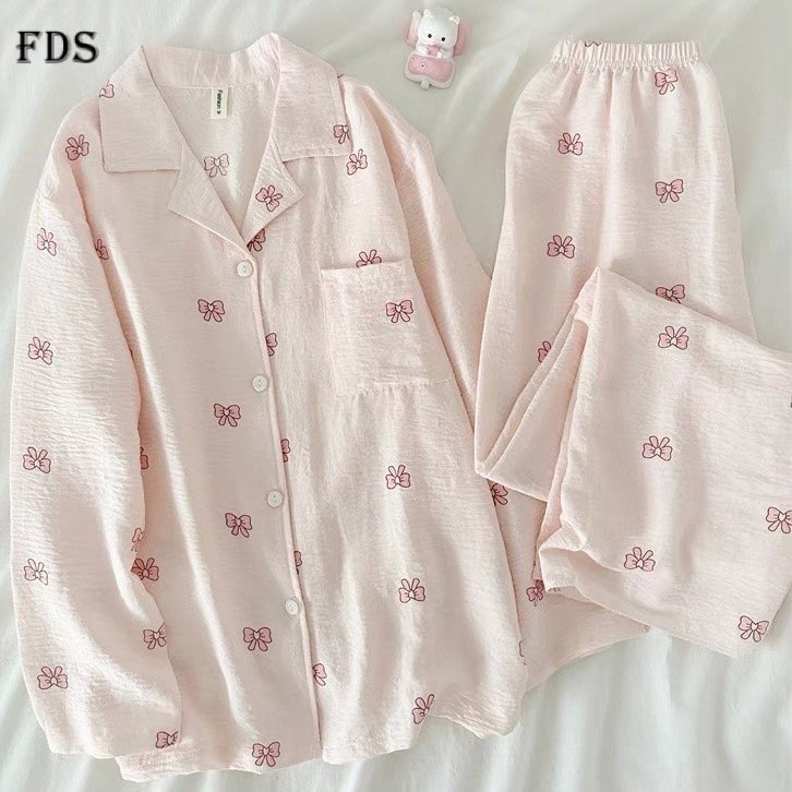 FDS สีม่วงโบว์ชุดนอนผ้าฝ้ายของผู้หญิงกางเกงแขนยาวฤดูหนาวฤดูใบไม้ร่วงนักเรียน homewear สูทหลวมและสะดวกสบาย