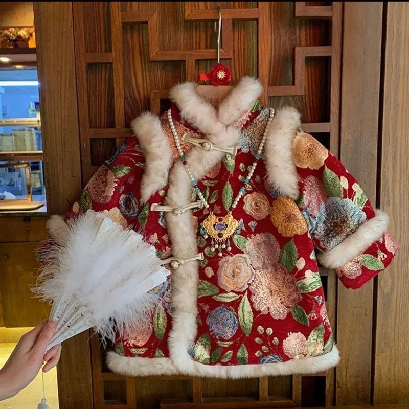 Hanfu สาวฤดูหนาวเสื้อผ้าสไตล์จีนขนแกะ-ขนแกะวันปีใหม่ชุด Tang เด็กทารกหนา Cheongsam ตรุษจีนฤดูหนาวปีใหม่
