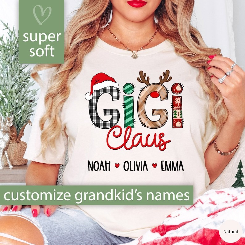 Custom Gigi Claus Shirt, Personalized Christmas Gift for Gigi Gift, Cute Gigi Christmas Tshirt, Cust