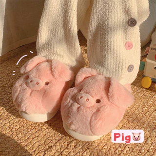 Xitiao ฤดูหนาว Warm นุ่มหนา Soled Furry รองเท้ารองเท้า 2024 สไตล์ใหม่สุภาพสตรีน่ารักสีชมพูลูกหมูรองเท้าแตะผ้าฝ้าย ins