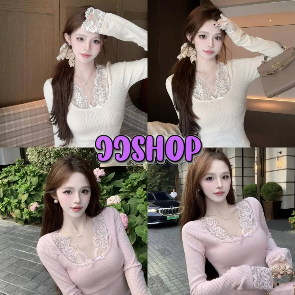 JJ Shop​ ​พร้อมส่ง เสื้อไหมพรมแขนยาว แต่งลูกไม้ สไตล์เกาหลี คอวี ดีเทลผ่าร่องเล็ก "8K153"