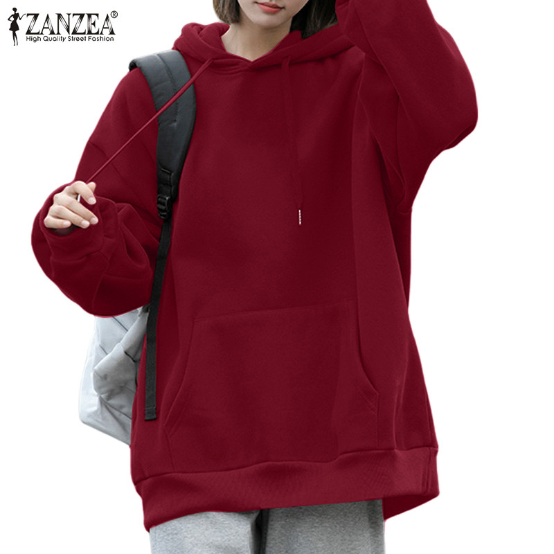Zanzea ผู้หญิงเกาหลีลําลอง O-คอ Lace-Up Drop ไหล่แขนกระเป๋าหลวม Hoodies