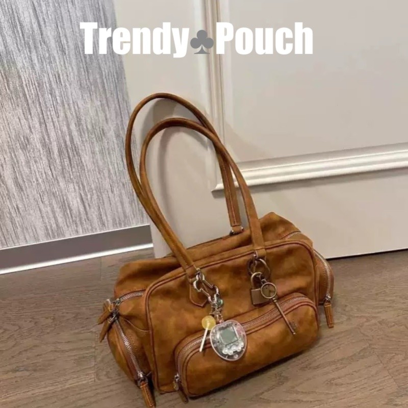 TREDY POUCH ไหล่เดี่ยวย้อนยุคสีน้ำตาลกระเป๋าโบว์ลิ่งใหม่อเนกประสงค์สบายๆถุงใหญ่เดินทางที่เรียบง่ายหลายกระเป๋าตู้รถไฟกระเป๋าและ * และและ