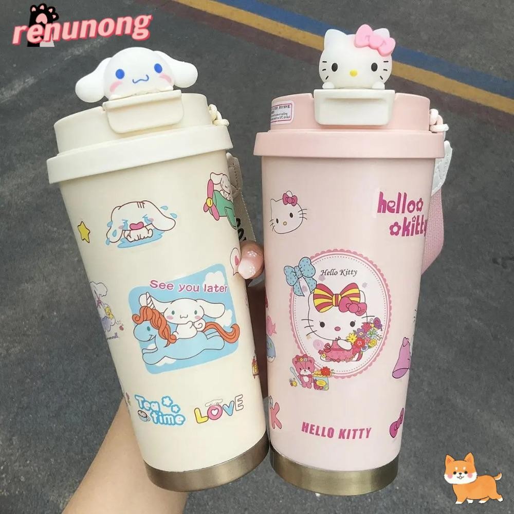 Renunong แก้วเก็บความร้อนลายการ์ตูน,ถ้วยกาแฟ Hello Kitty สองชั้นขนาด 500 มล.,รั่วซึมของขวัญที่ใช้งานได้จริงความจุสูงนํากลับมาใช้ใหม่ได้แก้วกาแฟอเมริกัน Drinkware