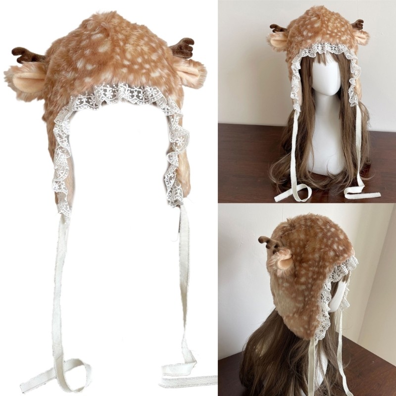 Let* การ์ตูนกวางหมวก Furry ขาอุ่นสําหรับปาร์ตี้วันหยุด Thicken Head Wrap