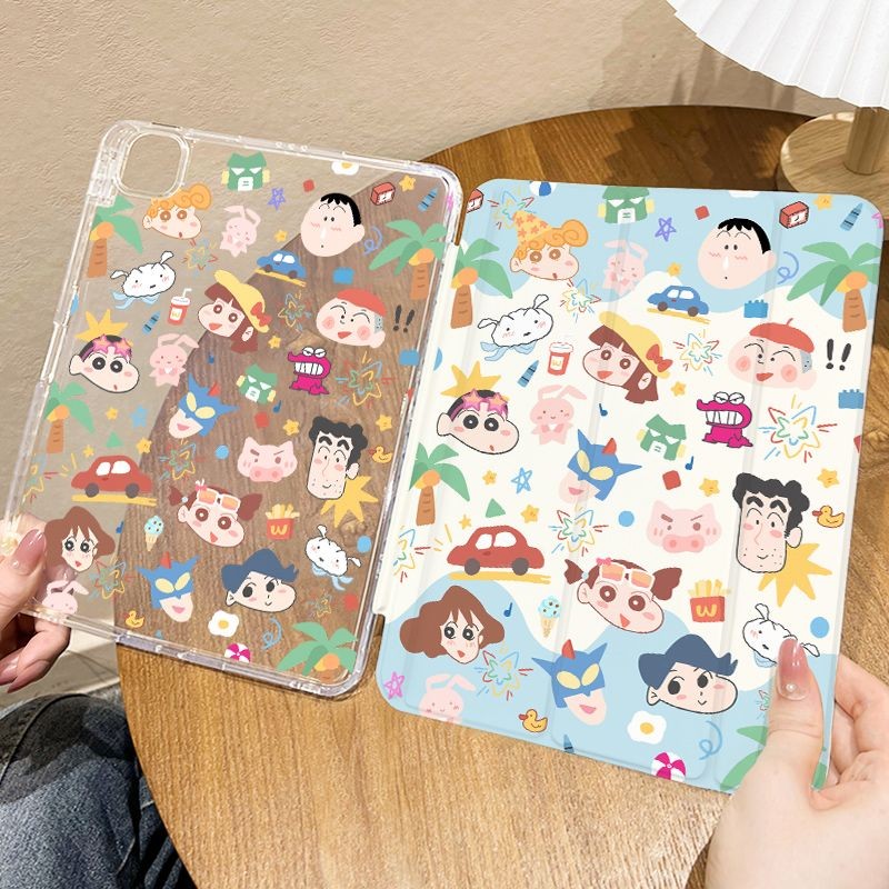 สําหรับ iPad แท็บเล็ต Case2024air6 Pro11 Air3/4/5 10.9 10.5gen10th 2022Mini4/5/6 8.3 Air1/2 9.7gen7gen8gen9 10.2 นิ้วการ์ตูน Shin-chan Triple พับถุงลมนิรภัยฝาครอบป้องกันพร้อมช่องเสียบปากกา