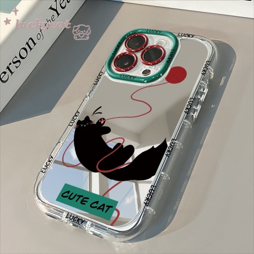 Iphone 15 14 13 12 11 Pro Max X Xr Xs Max 7 8 Plusเคสโทรศัพท์น่ารักเล่นลูกบอลขนสีแดงแมวดํากระจกฝาครอบโทรศัพท์นุ่มใส