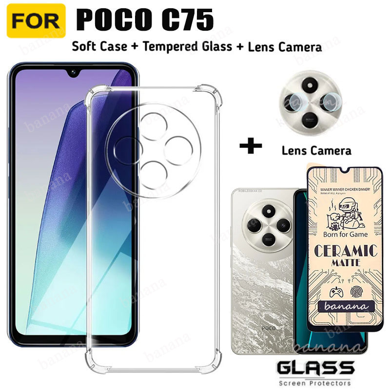 3in1 Poco C75 เคสโทรศัพท์กันกระแทกสําหรับ Poco C65 C61 เซรามิค Frosted ฟิล์มกระจกนิรภัยและฟิล์มเลนส์