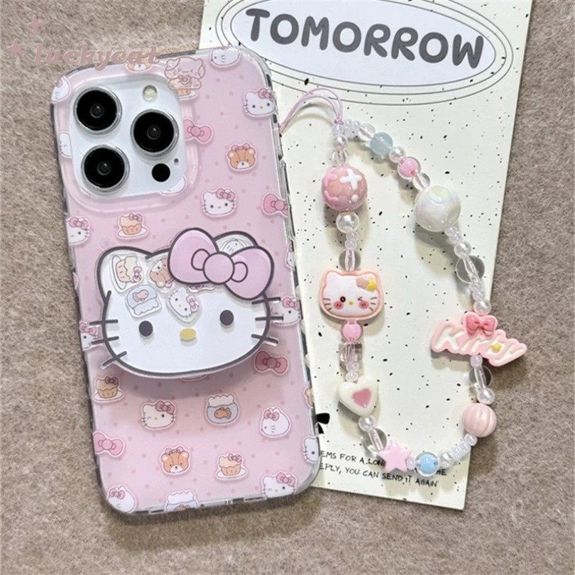Iphone 16 15 14 13 12 11 Pro Max X Xr Xs Max 7 8 Plus SE2020 เคสโทรศัพท์น่ารักเค้กหวานสีชมพู KT Cat รูปแบบ + Shake Happy Stand + Lanyard Clear Soft ฝาหลัง