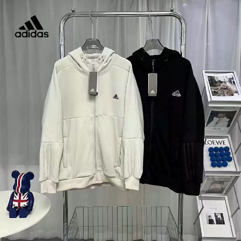 ADIDAS อาดิดาส100%ต้นฉบับปักโลโก้แขนยาวซิปผ้าฝ้ายขนแกะเสื้อกันหนาวหมวกสําหรับผู้ชาย