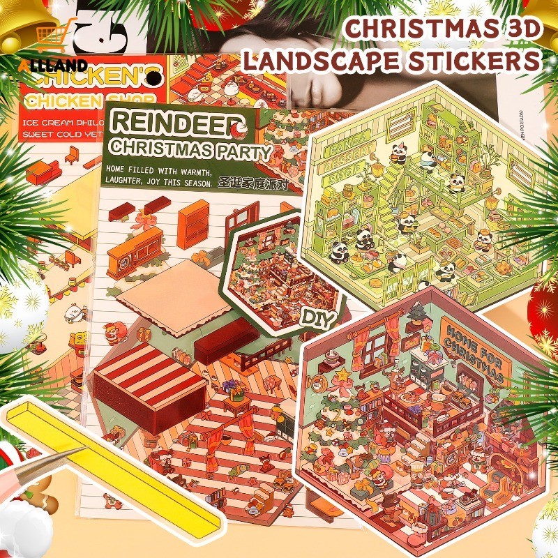 Kawaii Christmas 3D ภูมิทัศน์สติกเกอร์ - การ์ตูนฉากขนาดเล็กภาพซ้อน Decals - Pasting Hand Account Decor