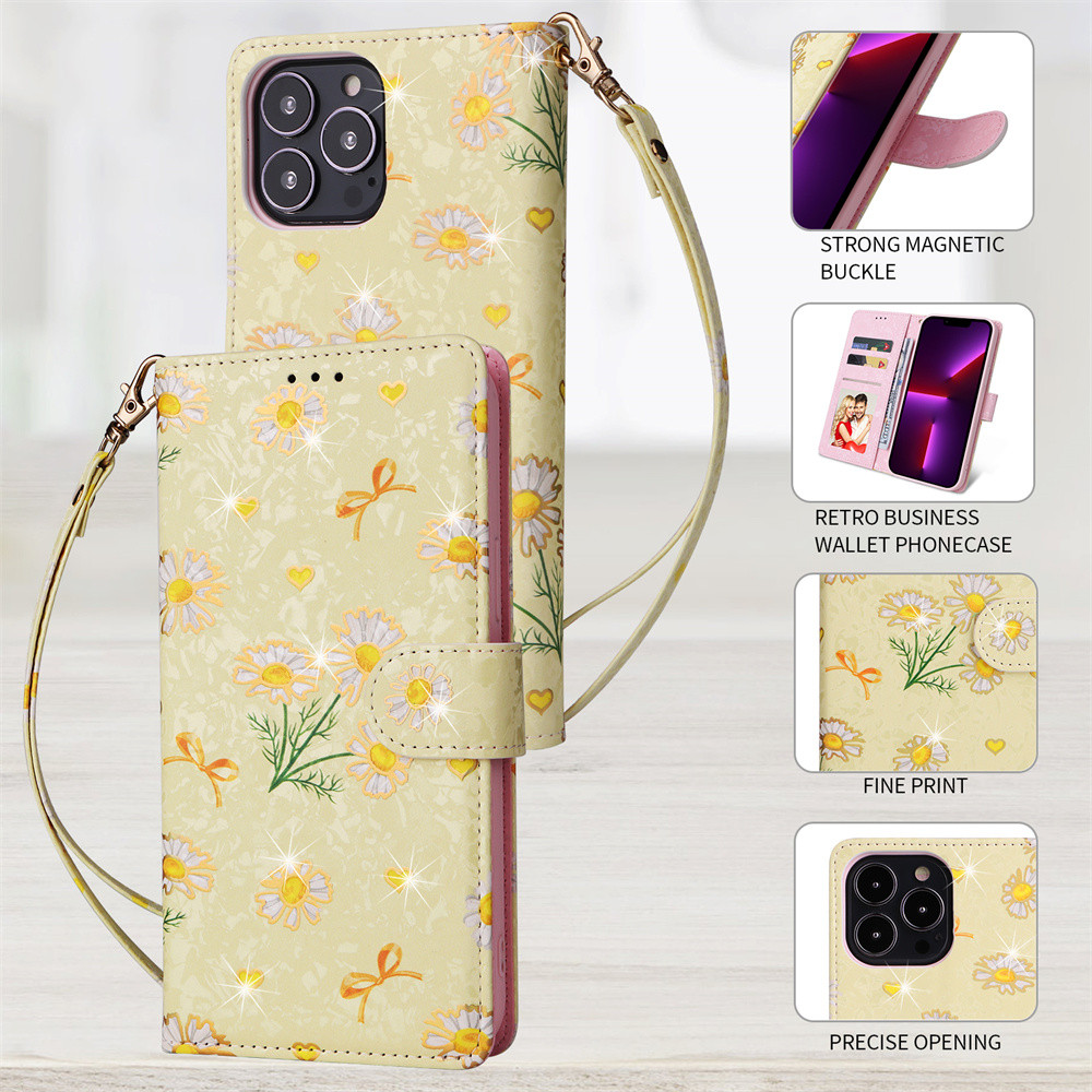 เคส for Samsung Galaxy A16 A05 A55 A54 A53 A52 A51 A35 A34 A33 A32 A25 A24 A23 A22 4G 5G พท์มือถือหนังฝาพับแบบฝาพับสําหรับ PU Leather Flip Cover Luxury Flower Magnetic Wallet With Card Holder Slots Hand Strap Lanyard Soft TPU Bumper