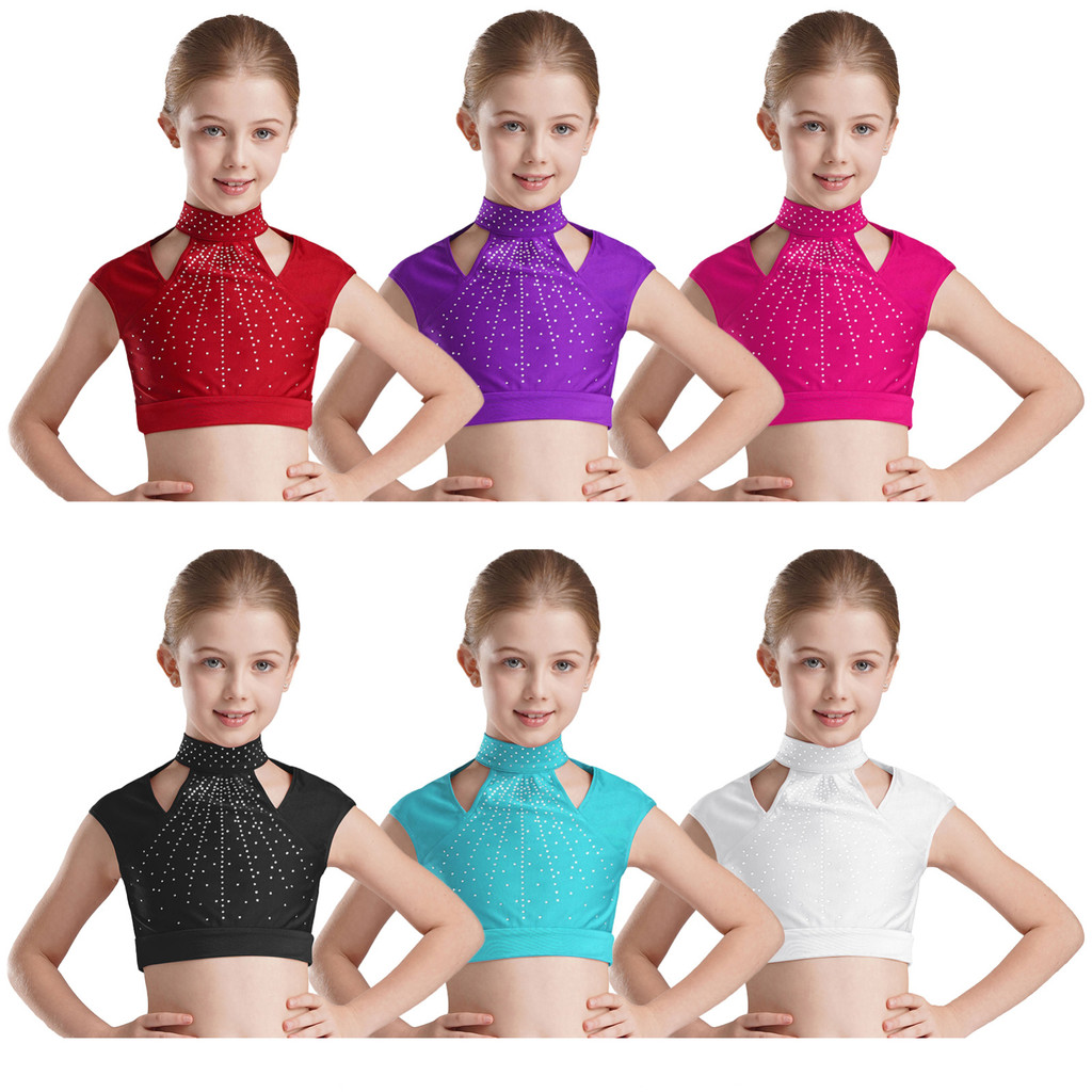 Choomomo เด็กสาวแขนกุด Cutout เงา Rhinestones Crop Top สําหรับสเก็ตเต้นรํายิมนาสติกประสิทธิภาพ