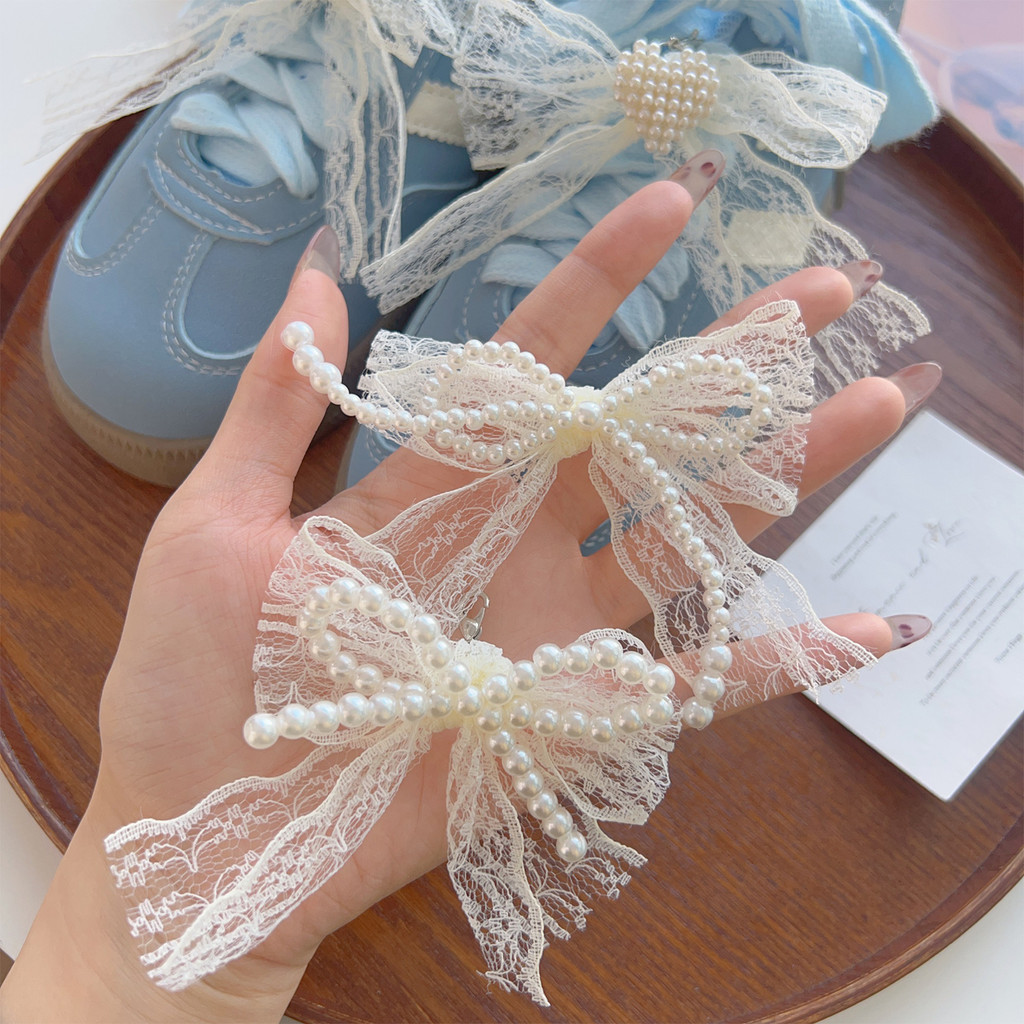 Romance Lace Pearls Bead String Bowknot Shoelaces Decor Buckle - DIY Sweet Pearl Bow จี้หัวเข็มขัดรองเท้าอุปกรณ์เสริม