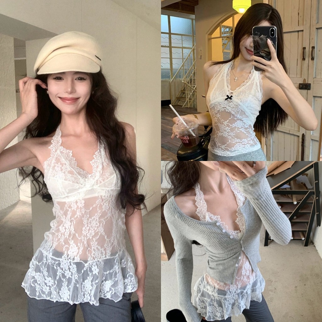 Anne เสื้อกล้าม คล้องคอ คอวี ผ้าลูกไม้ เข้ารูป เสื้อแขนกุด สไตล์ลำลอง ทรงสวย เซ็กซี่เบาๆ #M0559/M0771