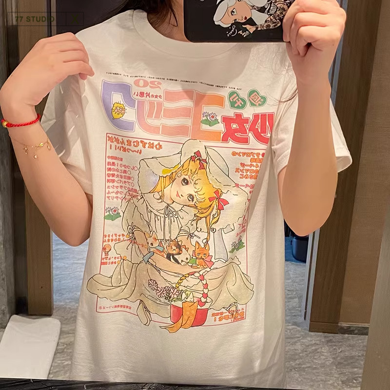 COD（จัดส่งภายใน 24 ชั่วโมง）เสื้อยืด oversized t shirt ลายการ์ตูน cotton สไตล์ญี่ปุ่น สีขาว เสื้อ