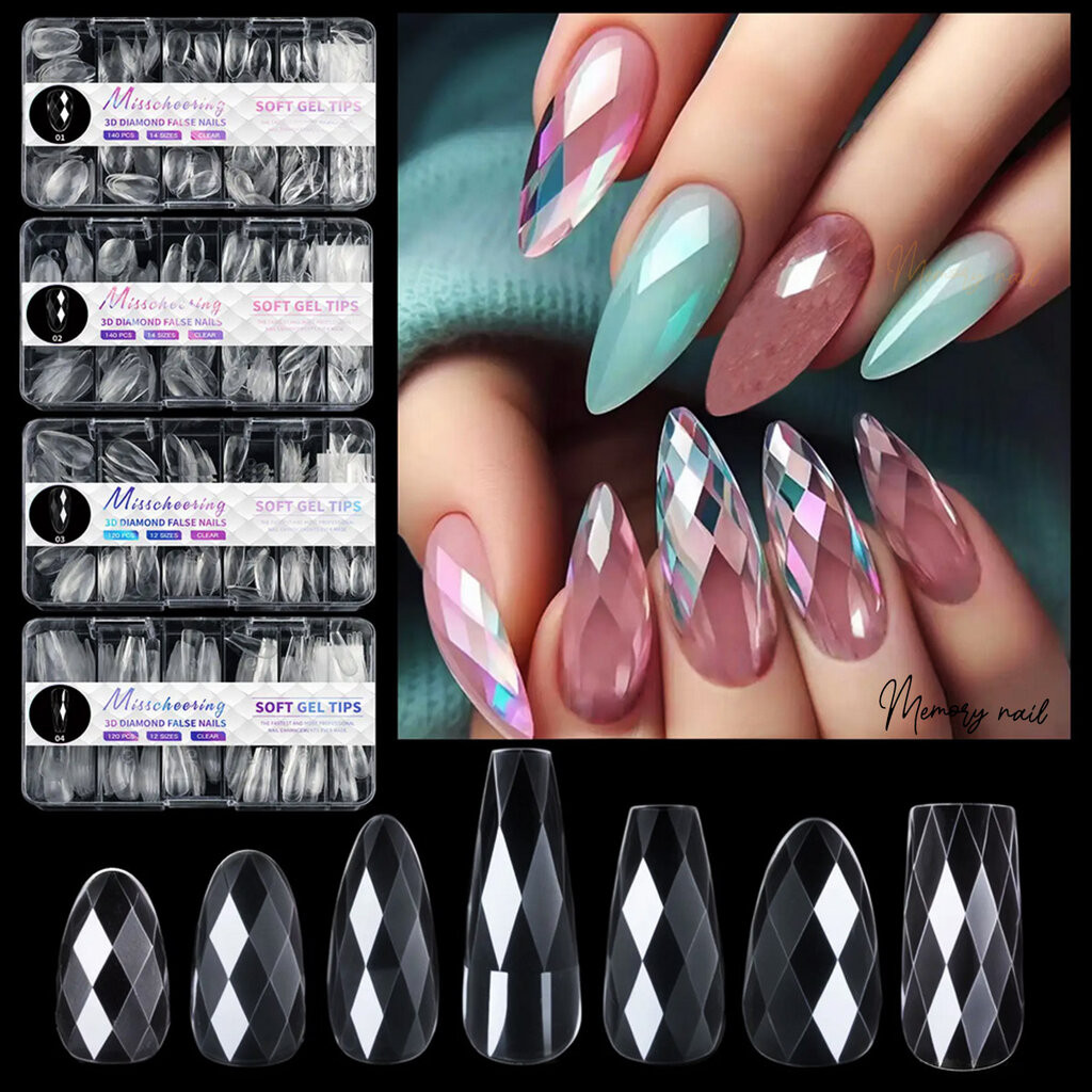 3D DIAMOND FALSE NAILS เล็บปลอมทรงเพชรคริสตัล 3มิติ เล็บPVC ต่อเล็บ 14ขนาด 140ชิ้น/กล่อง